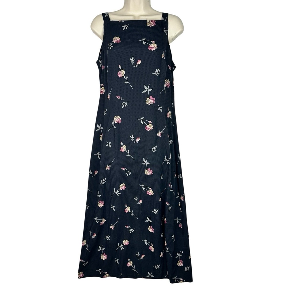Vintage 90s Floral Maxi Dress Black Sleeveless Cottagecore Grunge Size 11/12 NWT